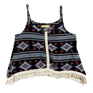 Cynthia Rowley Boho Diamond Rose Print Fringe Cami Tank Top Women Small